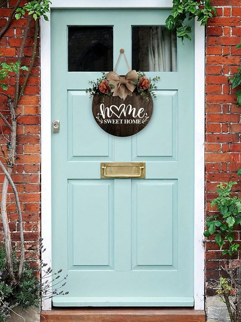 1 τεμάχιο ξύλινο στρογγυλό στεφάνι καλωσορίσματος στεφάνι που διακοσμεί την εξώπορτα, πινακίδα βεράντας αγροικίας και τεχνητό πράσινο