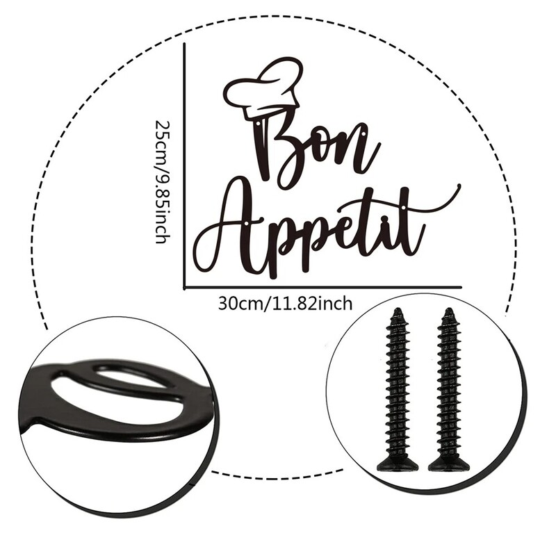 Prantsuskeelne tekst head isu Rauast karkassiga seinaripp köögitoa sisekujunduseks Metallist kokamärk