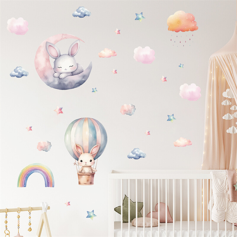 Rainbow Rabbit kuumaõhupalliga seinakleebised lastetoale beebitoa seinakaunistus isekleepuv vinüülist multifilmi lapse tüdruku tapeet