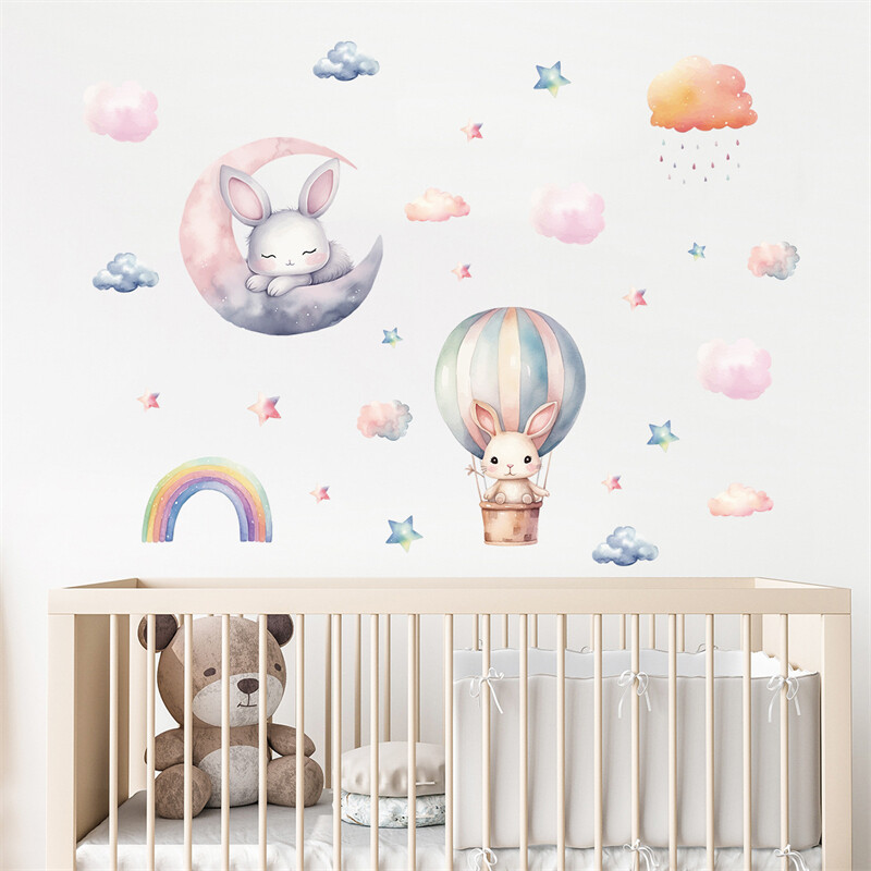 Rainbow Rabbit kuumaõhupalliga seinakleebised lastetoale beebitoa seinakaunistus isekleepuv vinüülist multifilmi lapse tüdruku tapeet
