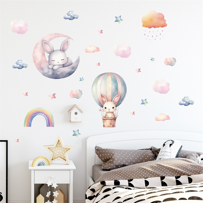 Rainbow Rabbit kuumaõhupalliga seinakleebised lastetoale beebitoa seinakaunistus isekleepuv vinüülist multifilmi lapse tüdruku tapeet