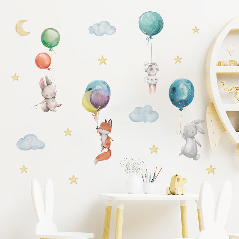 Γελοιογραφία χαριτωμένα ζώα του δάσους Μπαλόνι ακουαρέλα Αυτοκόλλητα τοίχου Αυτοκόλλητα τέχνης φυτωρίου Ταπετσαρία PVC παιδικό δωμάτιο για κορίτσια Υπνοδωμάτιο Διακόσμηση σπιτιού