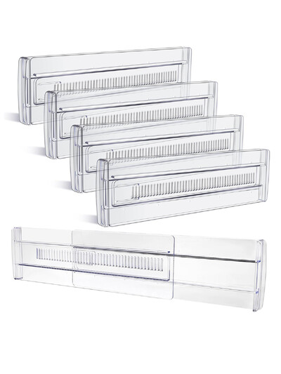 Sahtlivaheseinad, 4 komplekti reguleeritav sahtli korraldaja, läbipaistev laiendatav kummutisahtlik riiete jaoks köögiriistade jaoks söögiriistade sahtli korrastaja komplekt