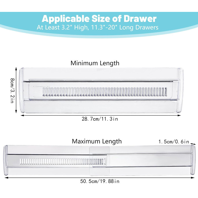 Sahtlivaheseinad, 4 komplekti reguleeritav sahtli korraldaja, läbipaistev laiendatav kummutisahtlik riiete jaoks köögiriistade jaoks söögiriistade sahtli korrastaja komplekt