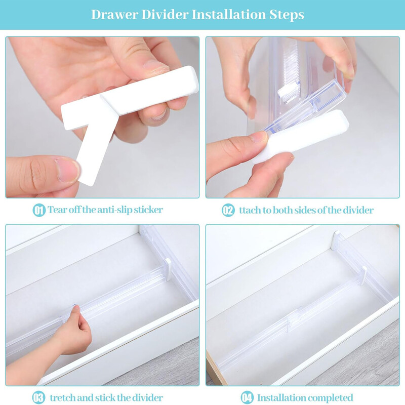 Sahtlivaheseinad, 4 komplekti reguleeritav sahtli korraldaja, läbipaistev laiendatav kummutisahtlik riiete jaoks köögiriistade jaoks söögiriistade sahtli korrastaja komplekt