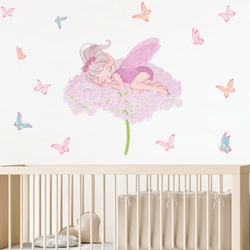 Roosa magav Pixy Fairy Butterfly akvarell Multifilmi seinakleebised Lilledega seinakleebised beebitüdrukutele lasteaiatoa magamistoa sisekujundus