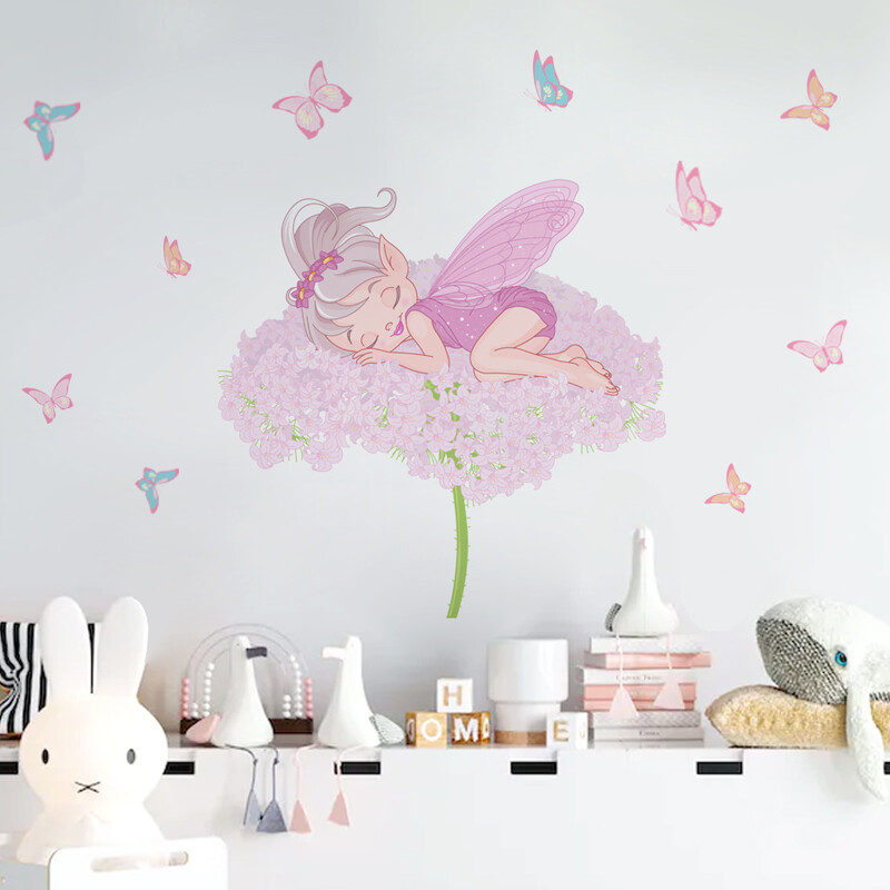 Roosa magav Pixy Fairy Butterfly akvarell Multifilmi seinakleebised Lilledega seinakleebised beebitüdrukutele lasteaiatoa magamistoa sisekujundus