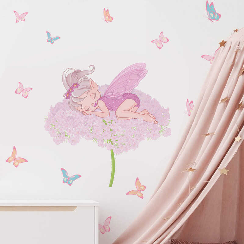 Roosa magav Pixy Fairy Butterfly akvarell Multifilmi seinakleebised Lilledega seinakleebised beebitüdrukutele lasteaiatoa magamistoa sisekujundus