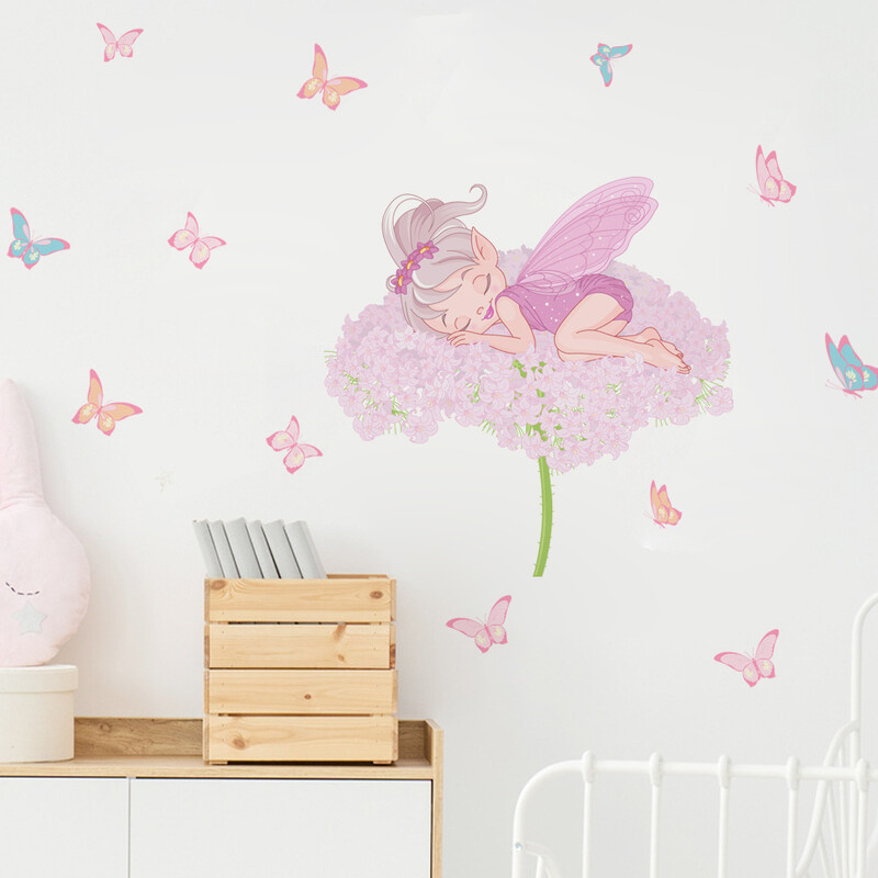 Roosa magav Pixy Fairy Butterfly akvarell Multifilmi seinakleebised Lilledega seinakleebised beebitüdrukutele lasteaiatoa magamistoa sisekujundus