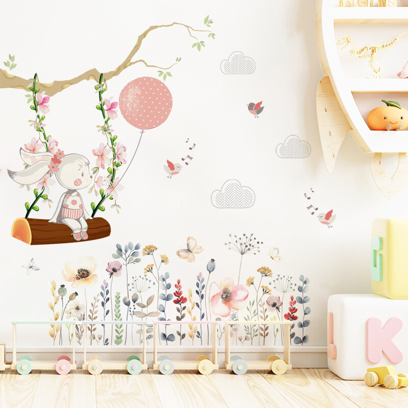 Ροζ καρτούν αυτοκόλλητα τοίχου κουνώντας κουνέλι Ακουαρέλα Νηπιαγωγείο Βινύλιο Διακόσμηση Δωματίου για κορίτσια Αυτοκόλλητα τοίχου Τοιχογραφία Διακόσμηση παιδικού δωματίου