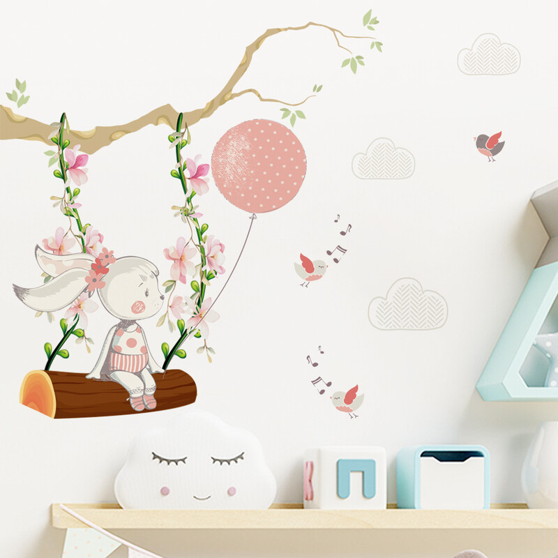 Ροζ καρτούν αυτοκόλλητα τοίχου κουνώντας κουνέλι Ακουαρέλα Νηπιαγωγείο Βινύλιο Διακόσμηση Δωματίου για κορίτσια Αυτοκόλλητα τοίχου Τοιχογραφία Διακόσμηση παιδικού δωματίου