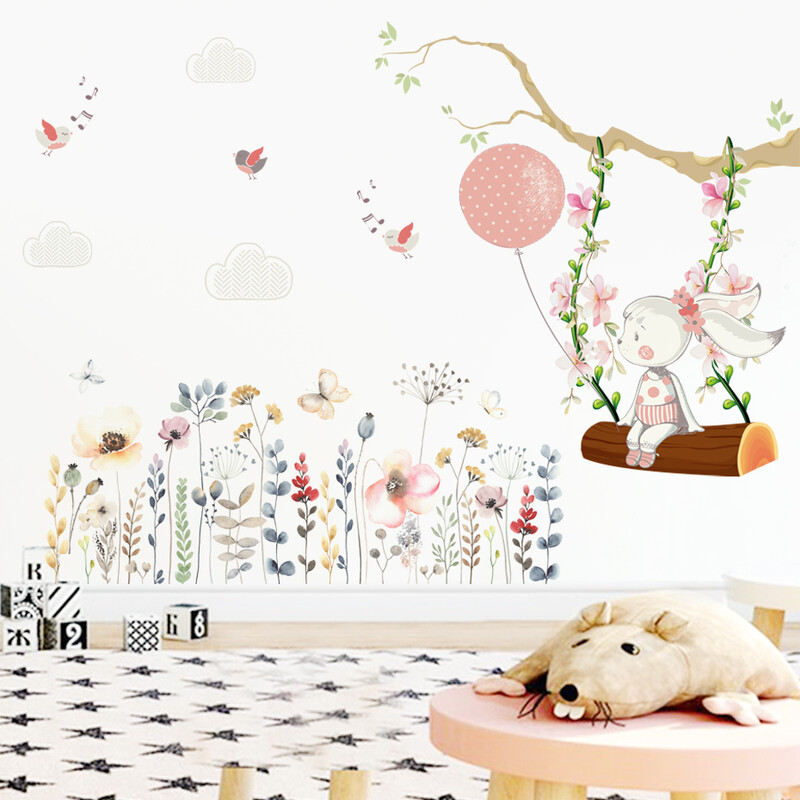 Ροζ καρτούν αυτοκόλλητα τοίχου κουνώντας κουνέλι Ακουαρέλα Νηπιαγωγείο Βινύλιο Διακόσμηση Δωματίου για κορίτσια Αυτοκόλλητα τοίχου Τοιχογραφία Διακόσμηση παιδικού δωματίου