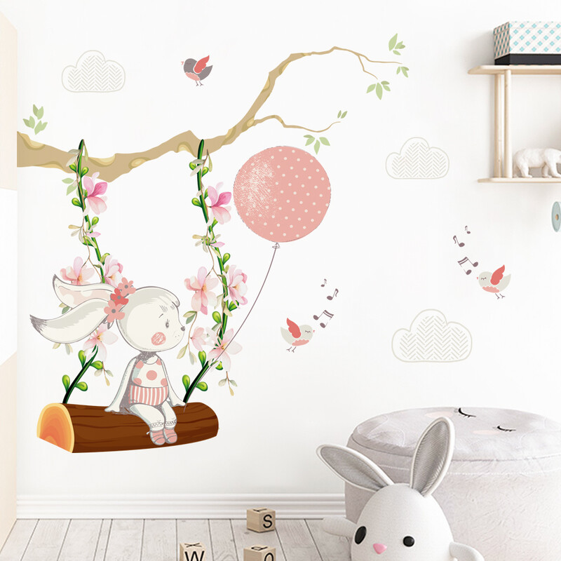 Ροζ καρτούν αυτοκόλλητα τοίχου κουνώντας κουνέλι Ακουαρέλα Νηπιαγωγείο Βινύλιο Διακόσμηση Δωματίου για κορίτσια Αυτοκόλλητα τοίχου Τοιχογραφία Διακόσμηση παιδικού δωματίου