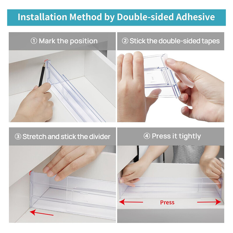 4 tk läbipaistvad sahtlivaheseinad Reguleeritavad laiendatavad sahtlivaheseinad riideesemete ja kosmeetikatoodete kontorihoidmiseks