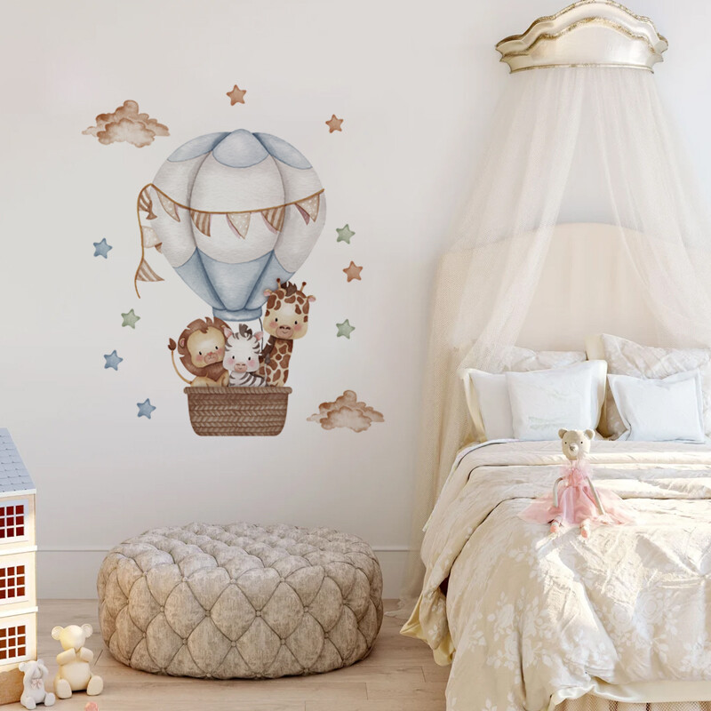 Akvarell-kaelkirjak kuumaõhupalli seinakleebised väikelastetoa jaoks Kleebised Beebitüdrukud Karud Multifilmid Loomad Lapsed Kleebised