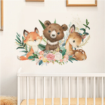 Карикатура Bear Deer Friendly Животни Стикери за стена за детска стая PVC Винилови стикери за стена Декорация на бебешка стая Домашен декор