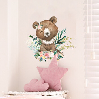 Карикатура Bear Deer Friendly Животни Стикери за стена за детска стая PVC Винилови стикери за стена Декорация на бебешка стая Домашен декор