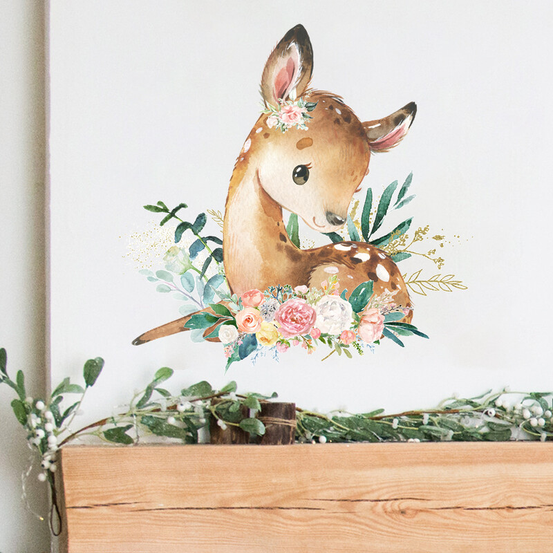 Autocolante de perete cu animale prietenoase cu cerbi, urs de desene animate, autocolante de perete din vinil din PVC, autocolante pentru camera de copii