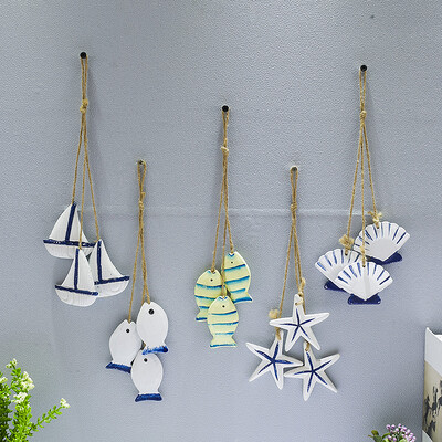 Pandantiv mic din lemn de ocean albastru, stil mediteranean, accesorii pentru casă, artizanat, stea de mare, scoici, plasă de pește mic, decorațiuni pentru agățat
