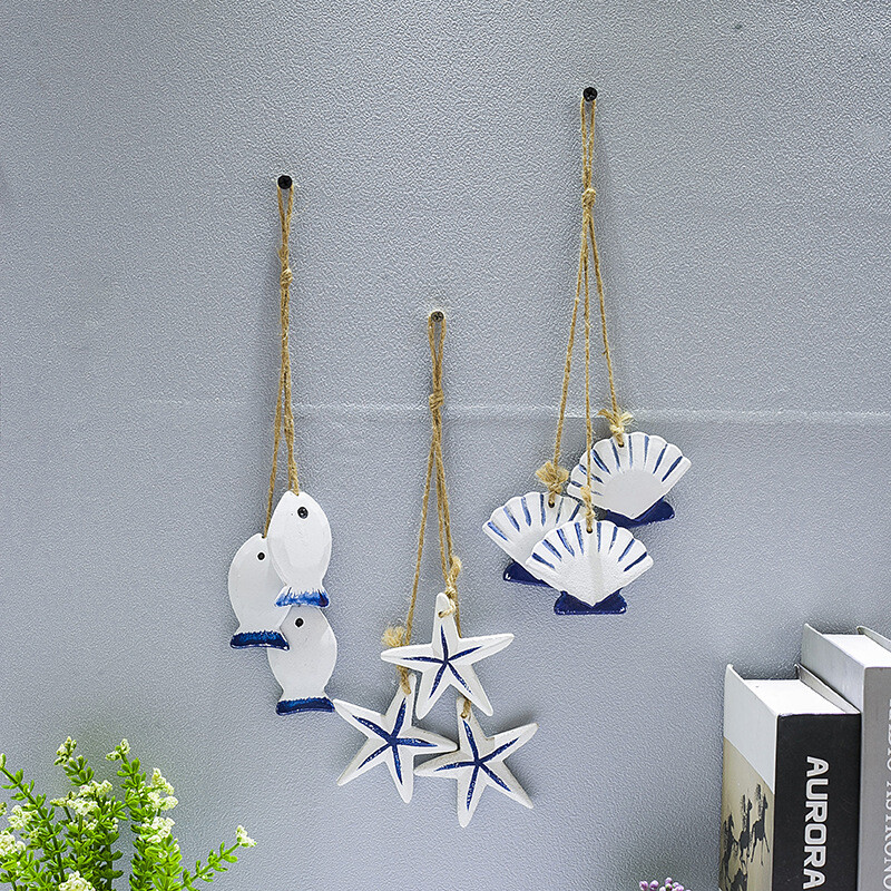 Blue Ocean Ξύλινο Μικρό Κρεμαστό Μεσογειακό στυλ Αξεσουάρ σπιτιού Χειροτεχνία Αστερίας Χτένιο Μικρό Δίχτυ Ψαριών Κρεμαστά Διακοσμητικά