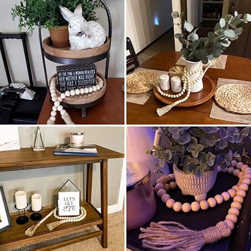 Χάντρες αγροικίας 58 ιντσών Ξύλινη γιρλάντα με φούντες Ρουστίκ εξοχικό ντεκόρ Προσευχή Boho Beads Μεγάλη διακόσμηση τοίχου