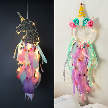 Unicorn Dream Catcher Boho Girls Kawaii Room Decor Коледна стена Розов Dreamcatcher Декорация на дома Спалня Детска стая Подарък за бебе