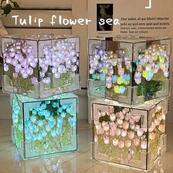 Tulip Nightlight Χειροποίητο DIY Υλικό Cube Καθρέφτης Tulip Διακόσμηση κρεβατοκάμαρας Ατμόσφαιρα Φωτιστικό Δώρο γενεθλίων του Αγίου Βαλεντίνου