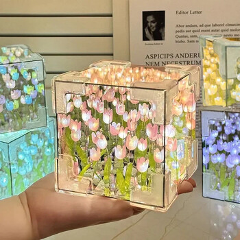 Tulip Nightlight Χειροποίητο DIY Υλικό Cube Καθρέφτης Tulip Διακόσμηση κρεβατοκάμαρας Ατμόσφαιρα Φωτιστικό Δώρο γενεθλίων του Αγίου Βαλεντίνου