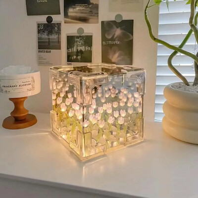 Tulip Nightlight Χειροποίητο DIY Υλικό Cube Καθρέφτης Tulip Διακόσμηση κρεβατοκάμαρας Ατμόσφαιρα Φωτιστικό Δώρο γενεθλίων του Αγίου Βαλεντίνου