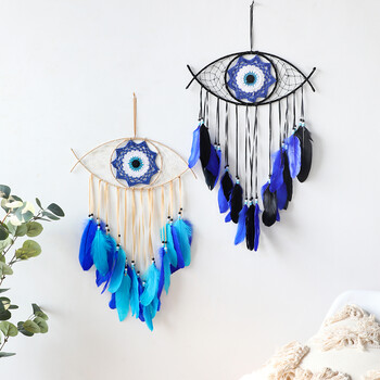 Evil Eye Dream Catcher Boho Room Decor Ръчно изработен декор за стена Eye Blue Feather Dreamcatcher Висящо стено изкуство Подарък за хол