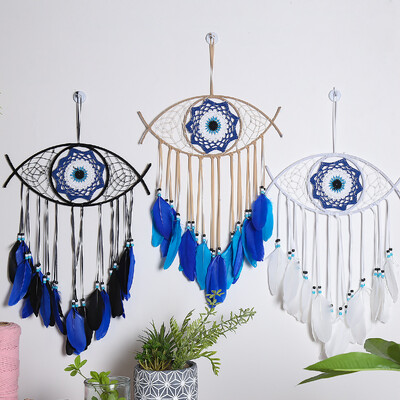 Evil Eye Dream Catcher Boho toakaunistus Käsitsi valmistatud silmade seinakaunistus Sinine sulgedega unenäopüüdja seinaripp seinakunst Elutoa kingitus