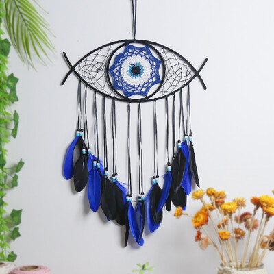 Evil Eye Dream Catcher Boho toakaunistus Käsitsi valmistatud silmade seinakaunistus Sinine sulgedega unenäopüüdja seinaripp seinakunst Elutoa kingitus