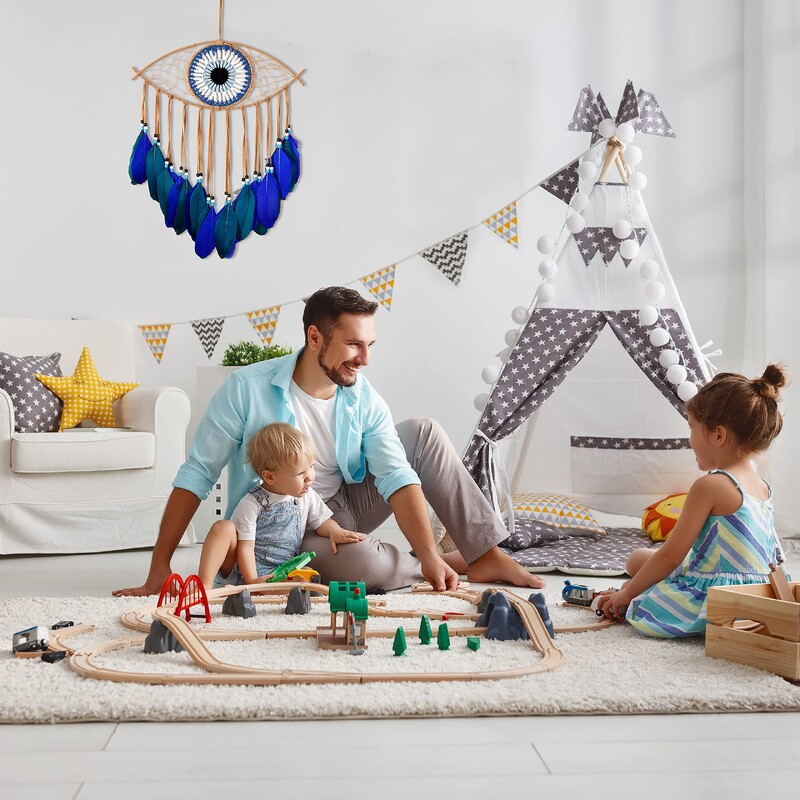 Evil Eye Dream Catcher Boho toakaunistus Käsitsi valmistatud silmade seinakaunistus Sinine sulgedega unenäopüüdja seinaripp seinakunst Elutoa kingitus