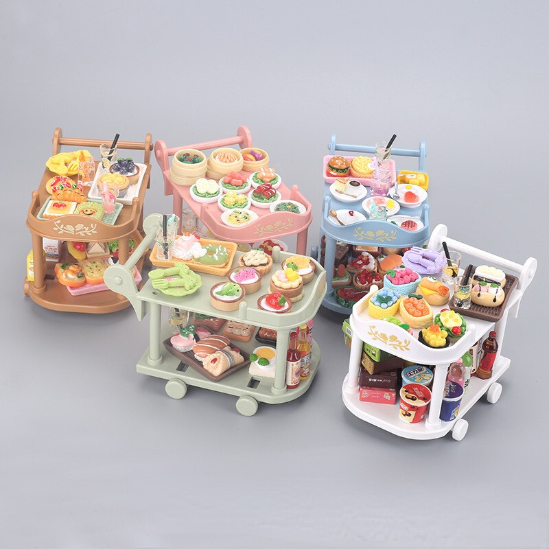 1 σετ Κουκλόσπιτο Καρότσια Τροφίμων Τρόλεϊ με Μίνι Πιάτο Τροφίμων Πιρούνια Ποτού Play House Παιχνίδι Μινιατούρα Αξεσουάρ κούκλας κουζίνας