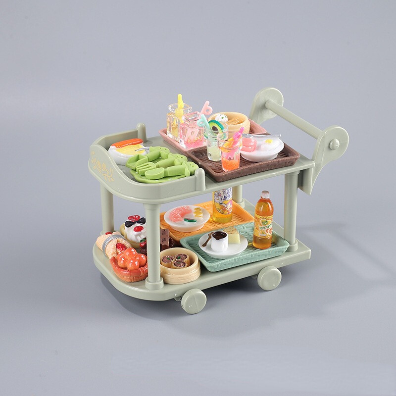 1 σετ Κουκλόσπιτο Καρότσια Τροφίμων Τρόλεϊ με Μίνι Πιάτο Τροφίμων Πιρούνια Ποτού Play House Παιχνίδι Μινιατούρα Αξεσουάρ κούκλας κουζίνας