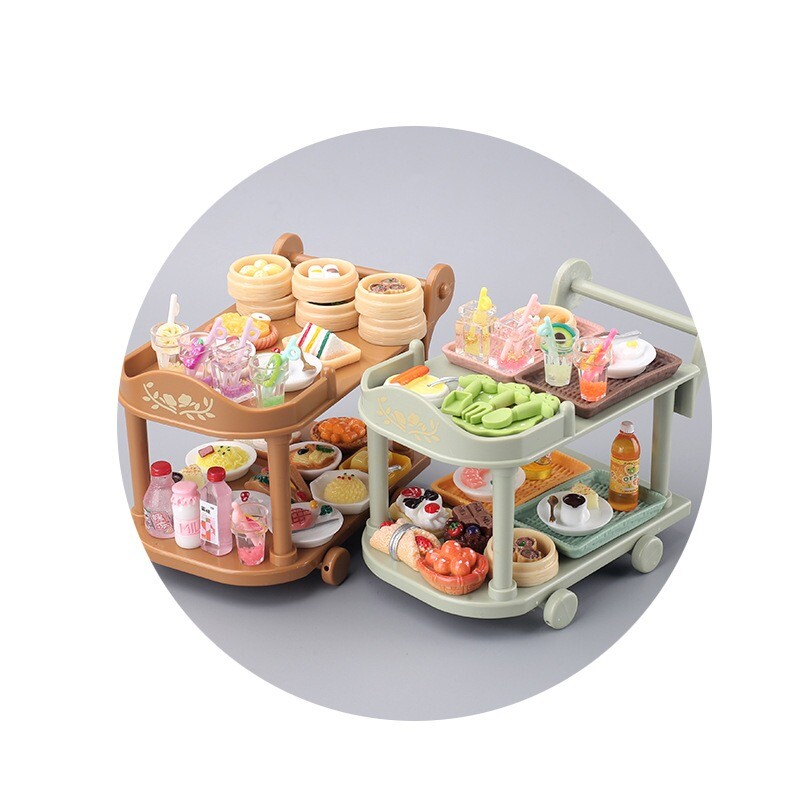 1 σετ Κουκλόσπιτο Καρότσια Τροφίμων Τρόλεϊ με Μίνι Πιάτο Τροφίμων Πιρούνια Ποτού Play House Παιχνίδι Μινιατούρα Αξεσουάρ κούκλας κουζίνας