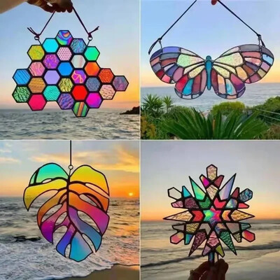Vitraliu agățat Fagure de miere Multicolor Fluture Albină Vitralii Panouri Vitraliu Agățat fereastră colibri