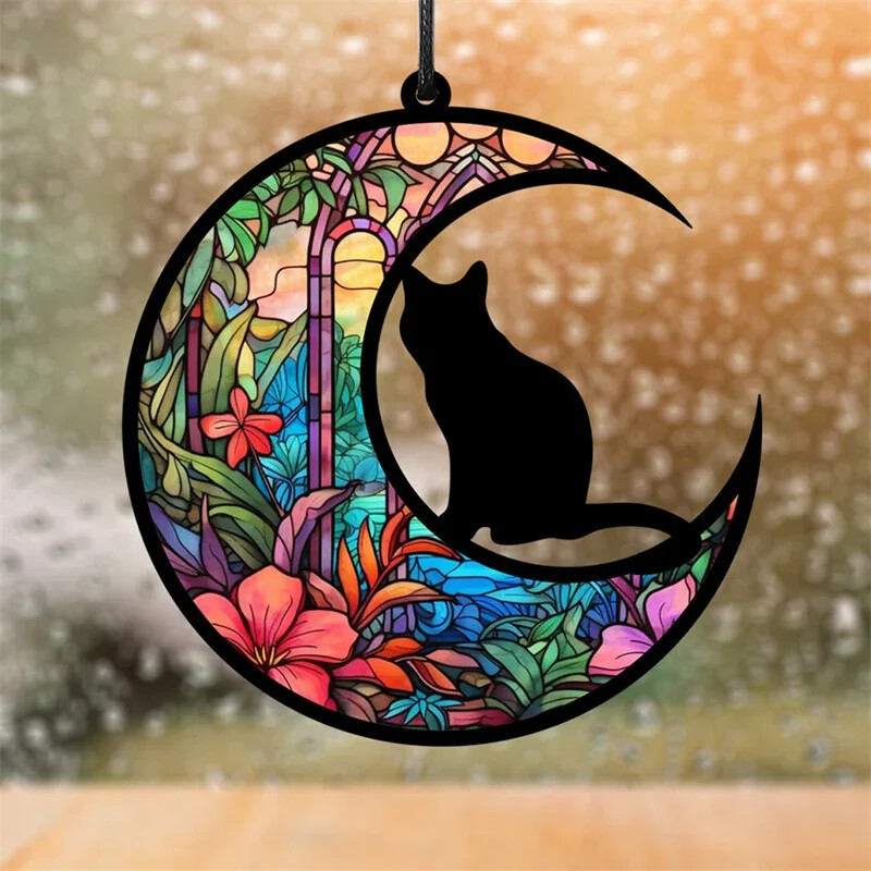 Šareni akrilni viseći ukras s retro mrljama Mačka na mjesecu Krajolik Tropska biljka Izlazak sunca Ocean Ukras za dom Poklon
