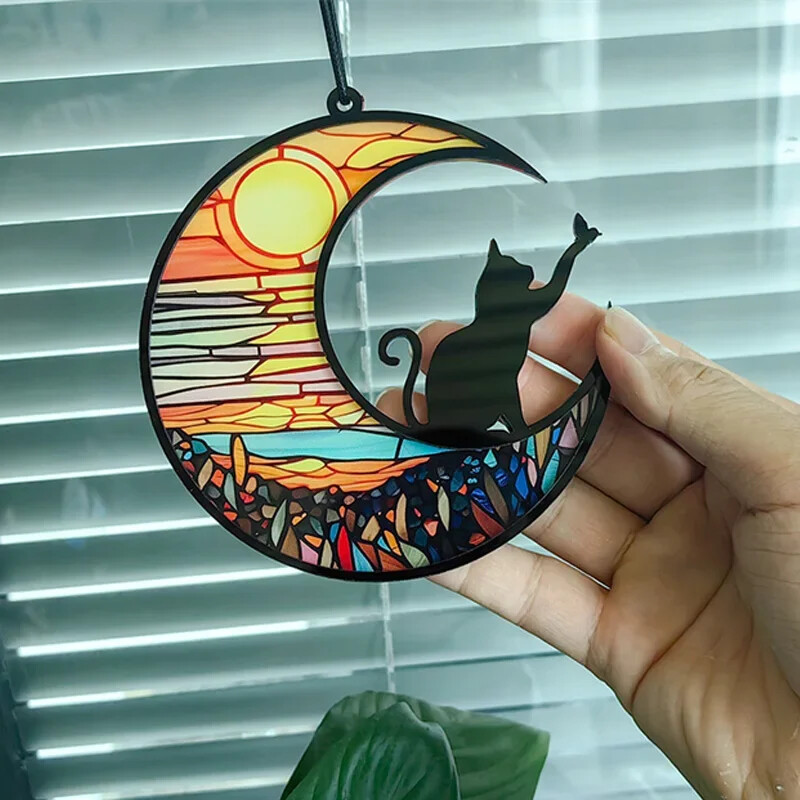 Šareni akrilni viseći ukras s retro mrljama Mačka na mjesecu Krajolik Tropska biljka Izlazak sunca Ocean Ukras za dom Poklon