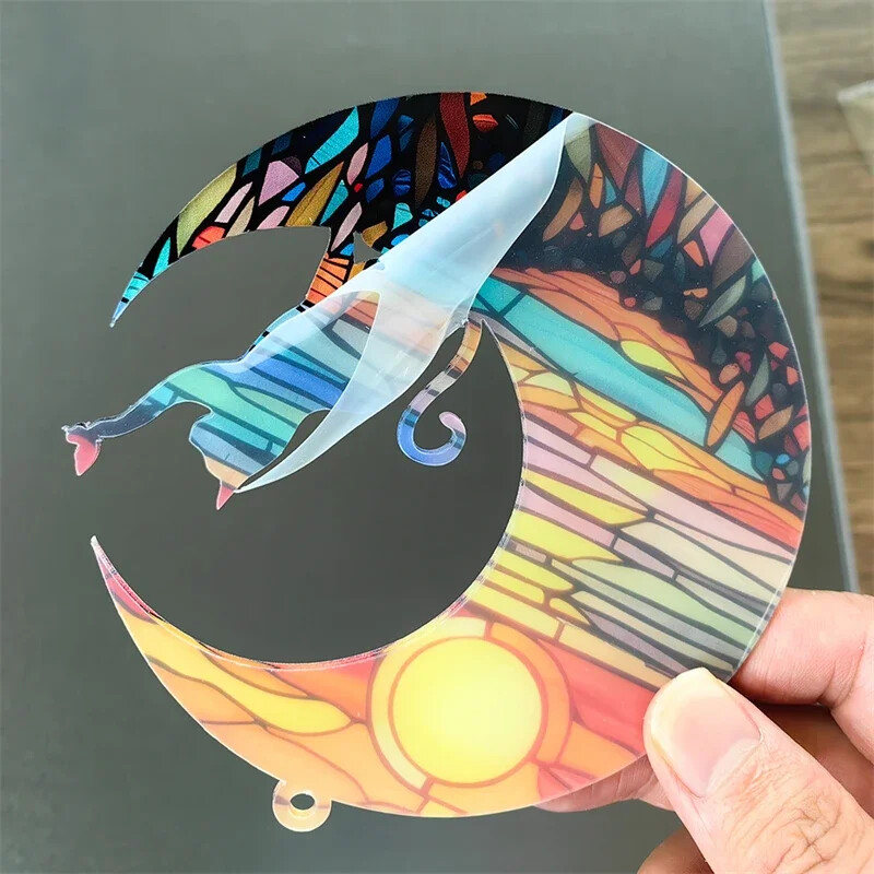 Šareni akrilni viseći ukras s retro mrljama Mačka na mjesecu Krajolik Tropska biljka Izlazak sunca Ocean Ukras za dom Poklon