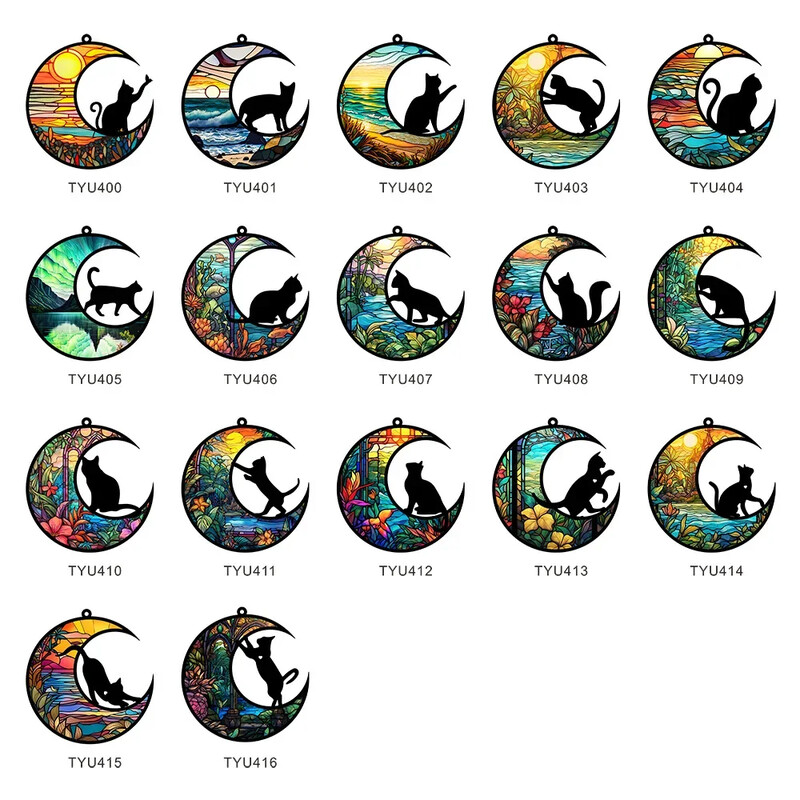 Šareni akrilni viseći ukras s retro mrljama Mačka na mjesecu Krajolik Tropska biljka Izlazak sunca Ocean Ukras za dom Poklon