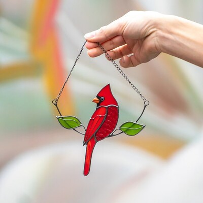 Cardinall Bird Vitraliu Suncatcher Bird Vopsit Decorare Fereastra Agățat Tema Decorare în aer liber Ornament de casa mare