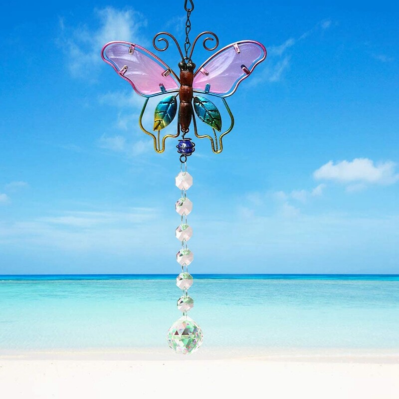 Κρεμαστό κρύσταλλο Colorfol Πεταλούδα Hummingbird Sun Catcher Chain Rainbow Maker Βαμμένο με πρίσμα γυαλί Wind Chimes Διακόσμηση κήπου σπιτιού