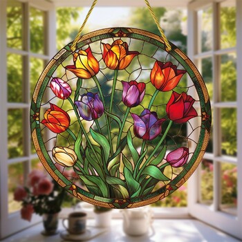 Tulip Suncatcher Висящ прозорец с петна, акрилна табела, подаръци за жени, празничен декор, подаръци за рожден ден за жени, стена, декор за стая