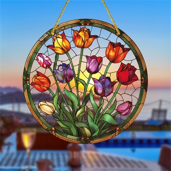 Tulip Suncatcher Висящ прозорец с петна, акрилна табела, подаръци за жени, празничен декор, подаръци за рожден ден за жени, стена, декор за стая