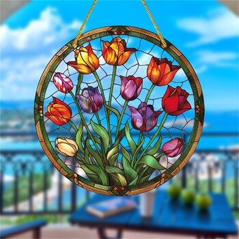 Tulip Suncatcher Висящ прозорец с петна, акрилна табела, подаръци за жени, празничен декор, подаръци за рожден ден за жени, стена, декор за стая