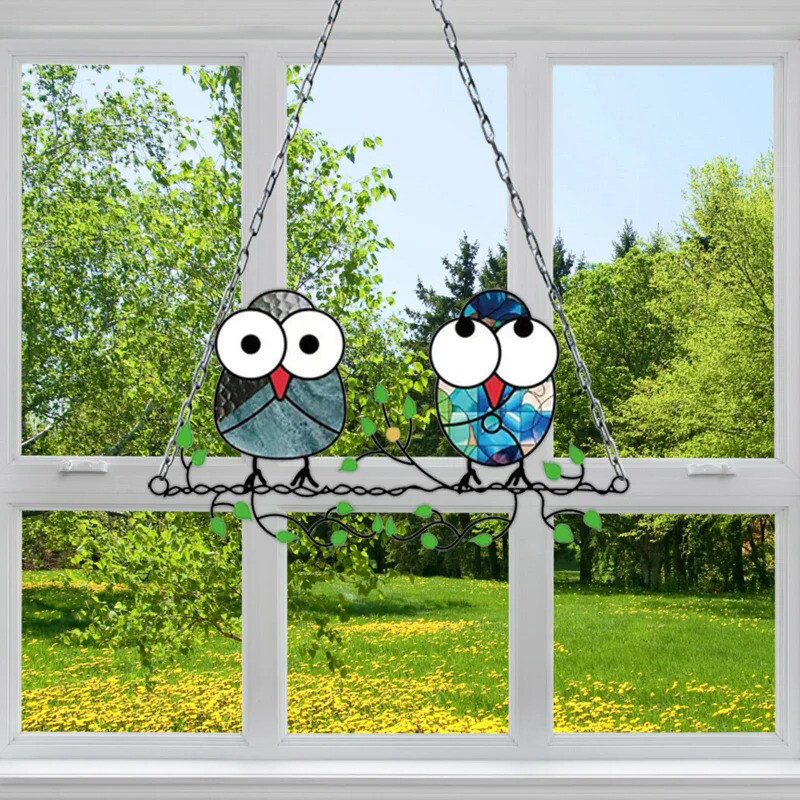 1 tk vitraažakna rippuv kaunistus päikesepüüdja öökullid peitsitud ripats akrüül lind rippuv ornament Tuulekella kodukaunistus