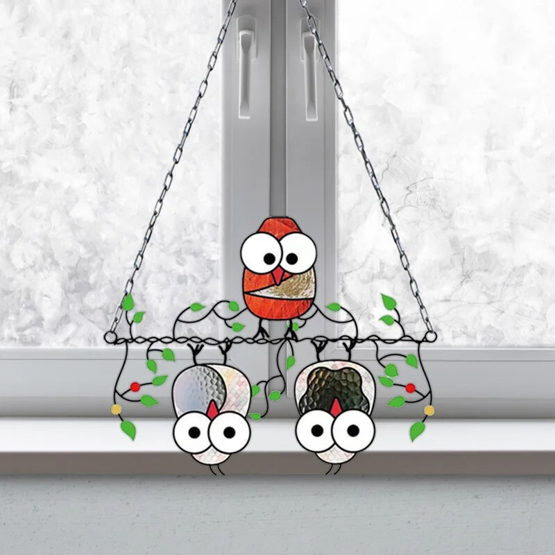 1 tk vitraažakna rippuv kaunistus päikesepüüdja öökullid peitsitud ripats akrüül lind rippuv ornament Tuulekella kodukaunistus