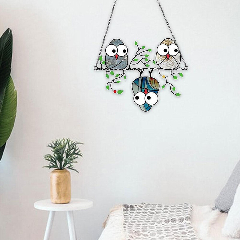 1 tk vitraažakna rippuv kaunistus päikesepüüdja öökullid peitsitud ripats akrüül lind rippuv ornament Tuulekella kodukaunistus