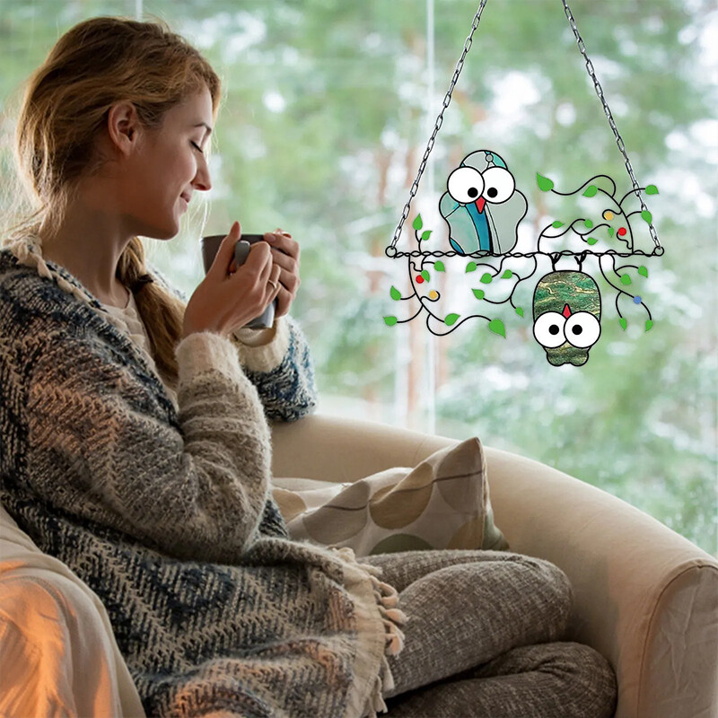 1 tk vitraažakna rippuv kaunistus päikesepüüdja öökullid peitsitud ripats akrüül lind rippuv ornament Tuulekella kodukaunistus